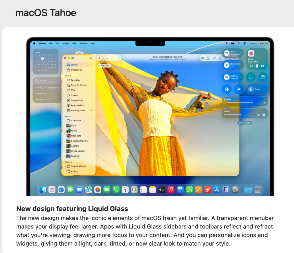 Liquid Glass 디자인이 적용된 데스크탑과 사진 앱