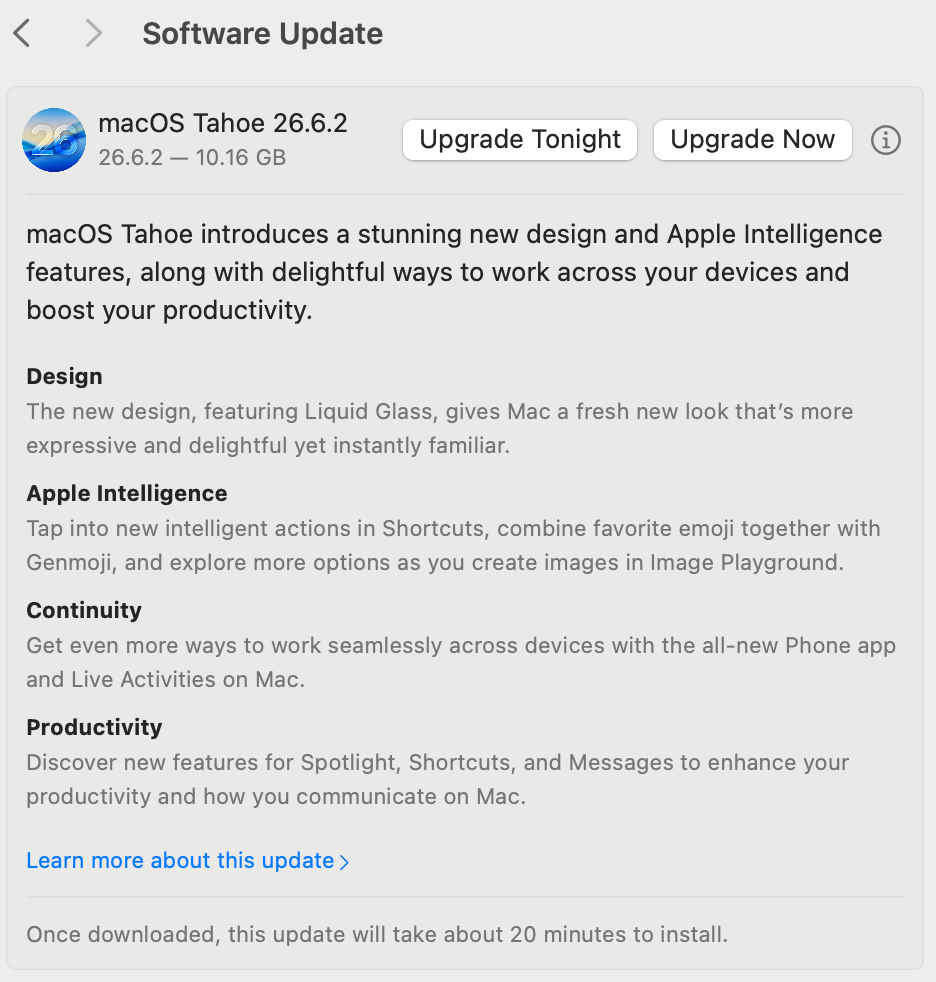 macOS Tahoe 26.6.2 소프트웨어 업데이트 창